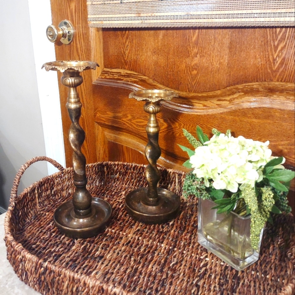10.5" Beautiful Rustic Bohemian Brass Spiral Candle Holders EXCELLENT COND